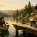 Tender small-town romance illustration of two people building trust beside a quiet lake