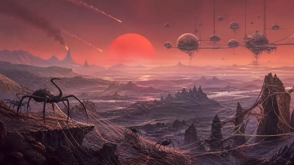 Vast evolutionary science fiction illustration of an alien civilization unfolding across deep time