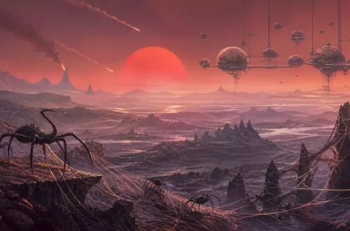 Vast evolutionary science fiction illustration of an alien civilization unfolding across deep time