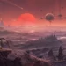 Vast evolutionary science fiction illustration of an alien civilization unfolding across deep time