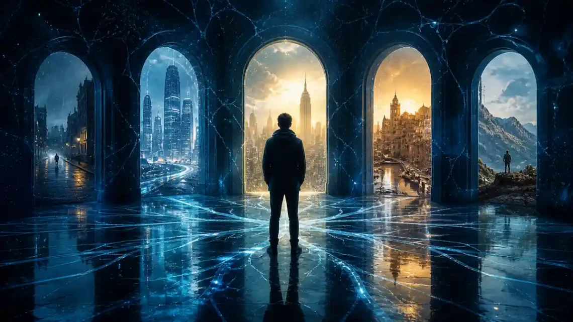 Atmospheric science fiction thriller illustration of parallel lives branching through mirrored doorways