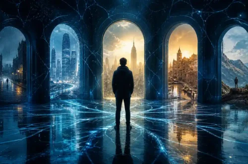 Atmospheric science fiction thriller illustration of parallel lives branching through mirrored doorways