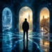 Atmospheric science fiction thriller illustration of parallel lives branching through mirrored doorways