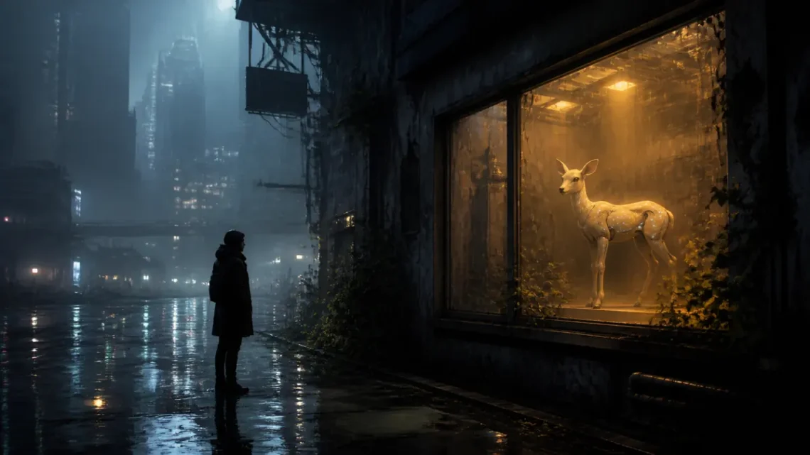 Atmospheric dystopian science fiction illustration of a solitary figure and artificial animal in rain