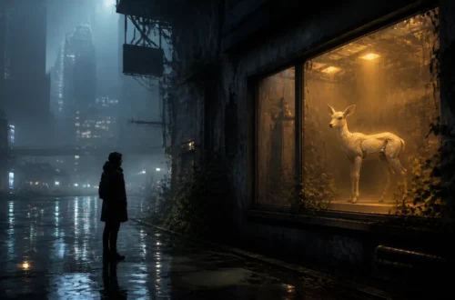 Atmospheric dystopian science fiction illustration of a solitary figure and artificial animal in rain