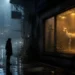 Atmospheric dystopian science fiction illustration of a solitary figure and artificial animal in rain