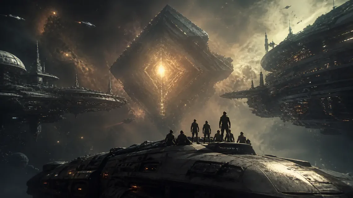 Political space opera illustration of a ship crew facing an ancient alien artifact between rival worlds
