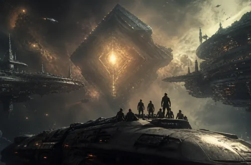 Political space opera illustration of a ship crew facing an ancient alien artifact between rival worlds