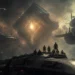 Political space opera illustration of a ship crew facing an ancient alien artifact between rival worlds