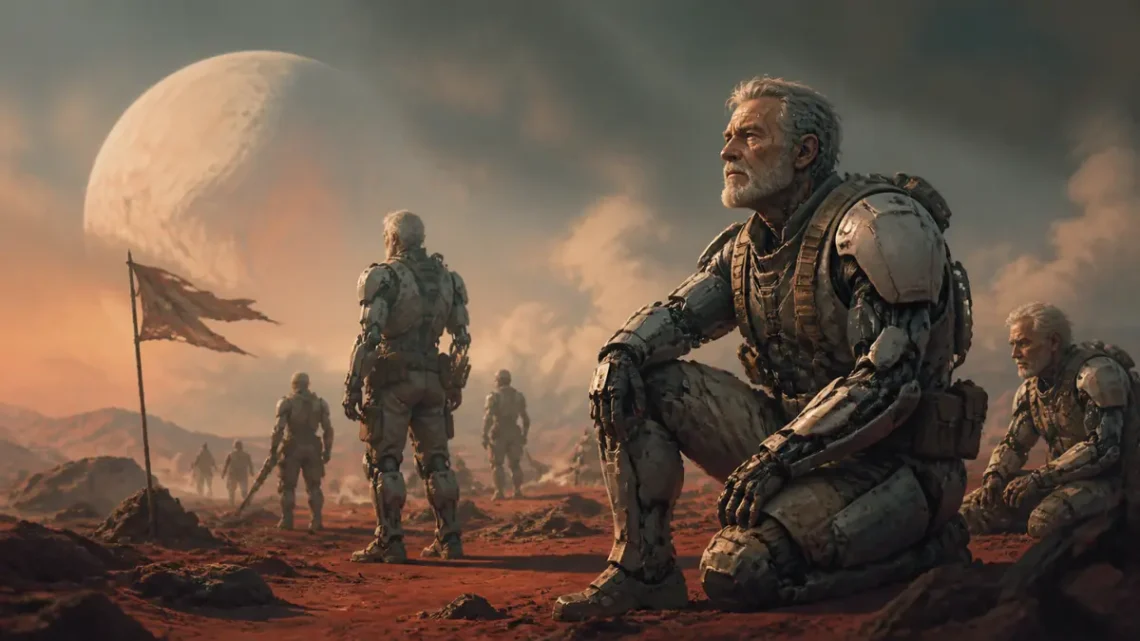 Military science fiction illustration of aging soldiers in altered bodies on an alien battlefield