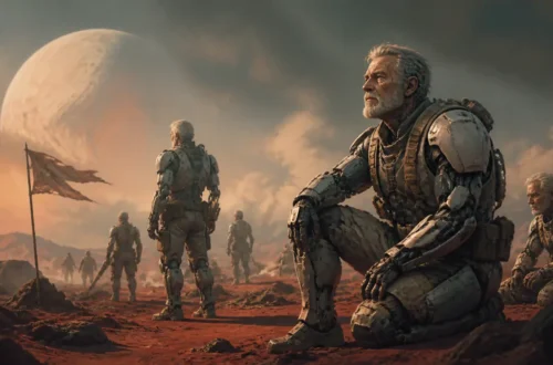 Military science fiction illustration of aging soldiers in altered bodies on an alien battlefield