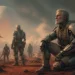 Military science fiction illustration of aging soldiers in altered bodies on an alien battlefield