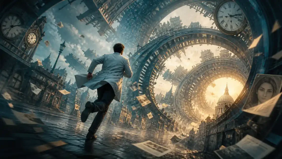 Atmospheric science fiction thriller illustration of a city folding through memory and time