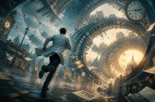 Atmospheric science fiction thriller illustration of a city folding through memory and time