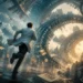Atmospheric science fiction thriller illustration of a city folding through memory and time