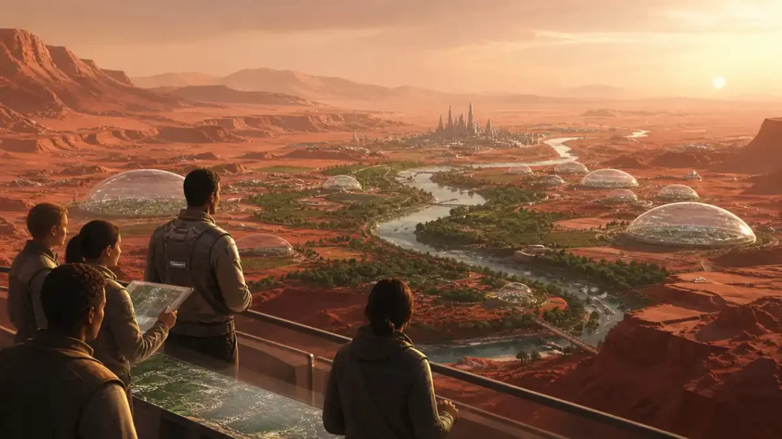 Hard science fiction illustration of scientists terraforming a red Mars landscape