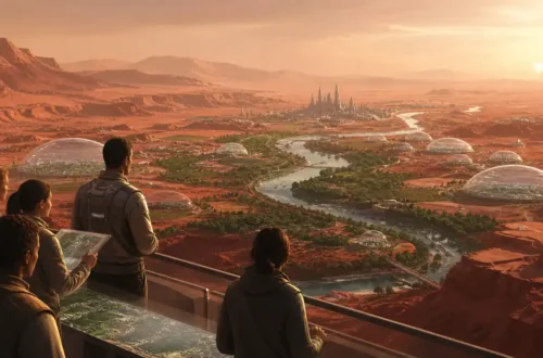 Hard science fiction illustration of scientists terraforming a red Mars landscape