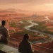 Hard science fiction illustration of scientists terraforming a red Mars landscape