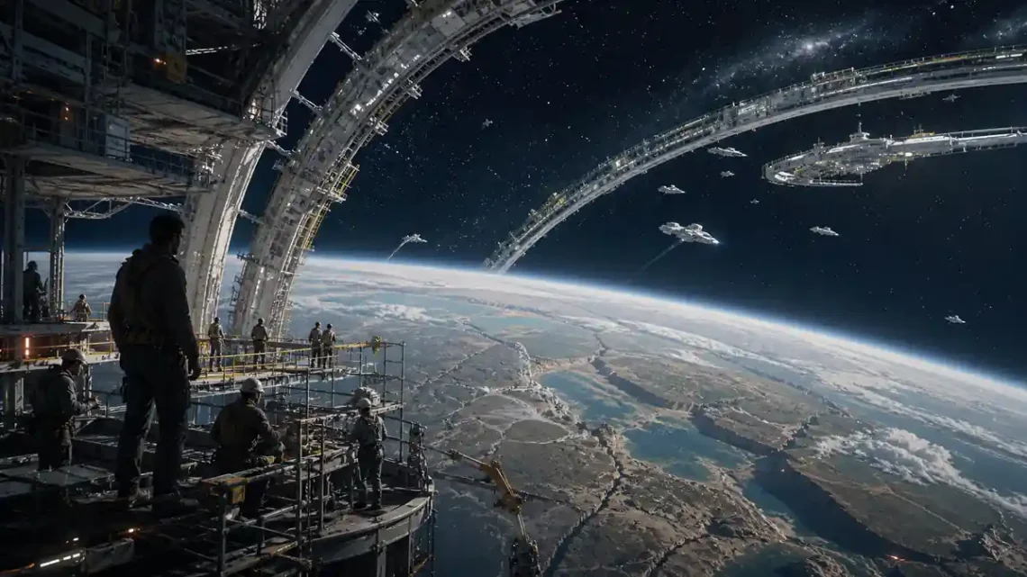 Hard science fiction illustration of survivors engineering an orbital habitat above Earth