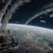 Hard science fiction illustration of survivors engineering an orbital habitat above Earth