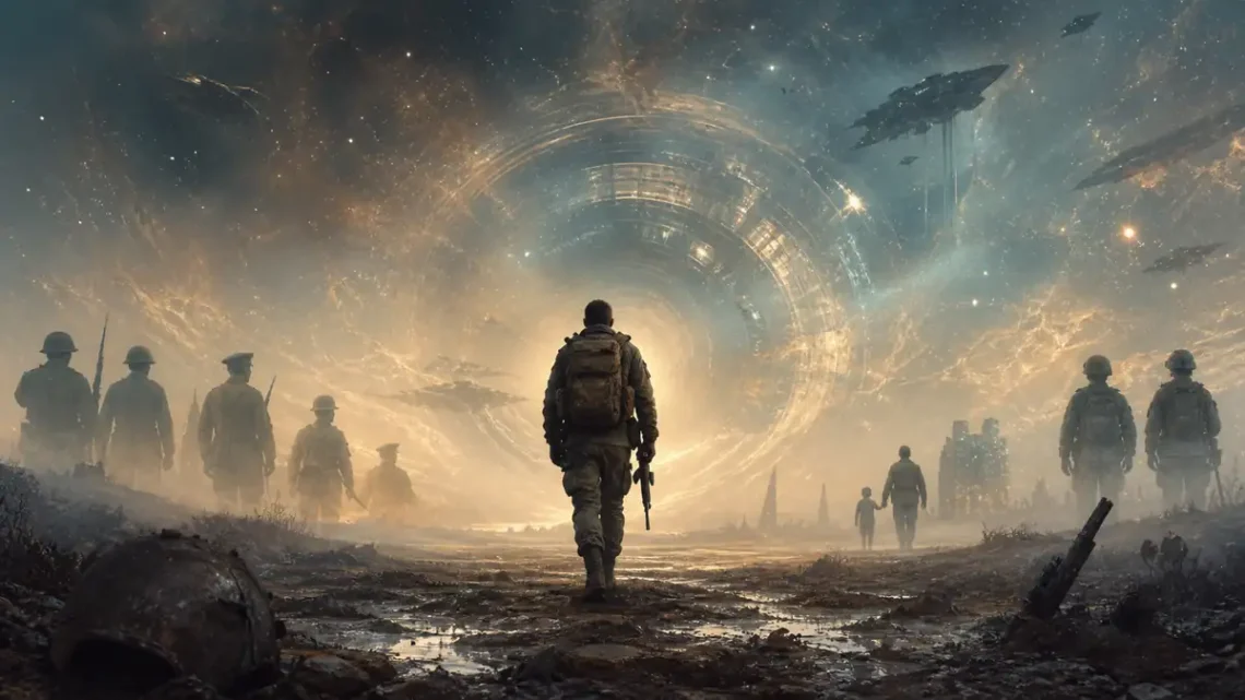 Military science fiction illustration of a returning soldier crossing a time-bent alien battlefield