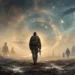 Military science fiction illustration of a returning soldier crossing a time-bent alien battlefield
