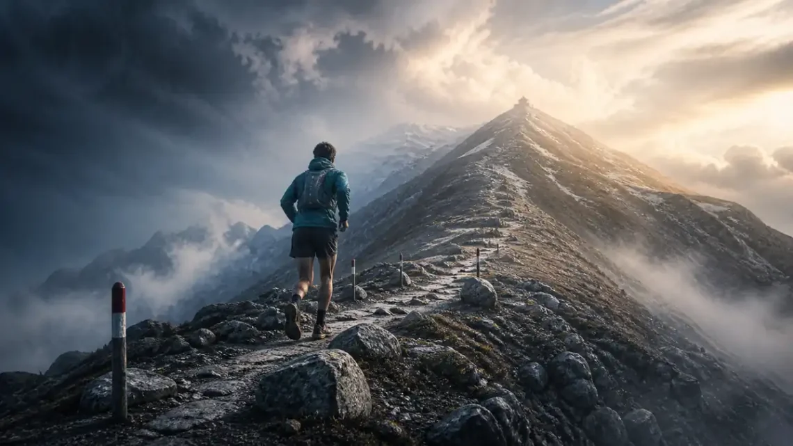 Editorial illustration of steady perseverance along a long mountain route