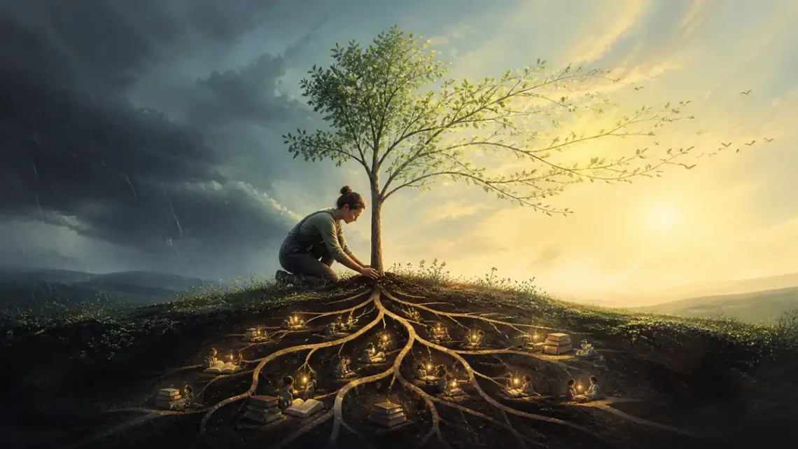 Editorial psychology illustration of a person tending a learning tree through changing weather