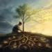 Editorial psychology illustration of a person tending a learning tree through changing weather