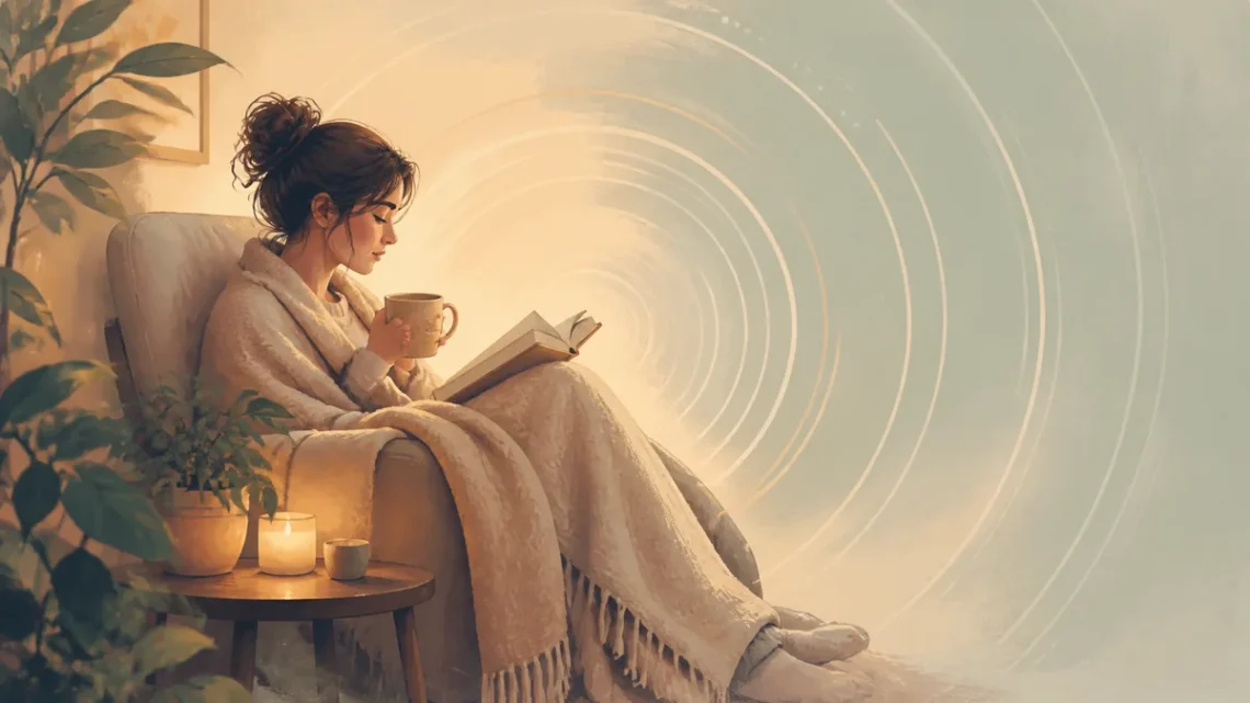 Calm editorial illustration of a person practicing gentle self-soothing in a warm room