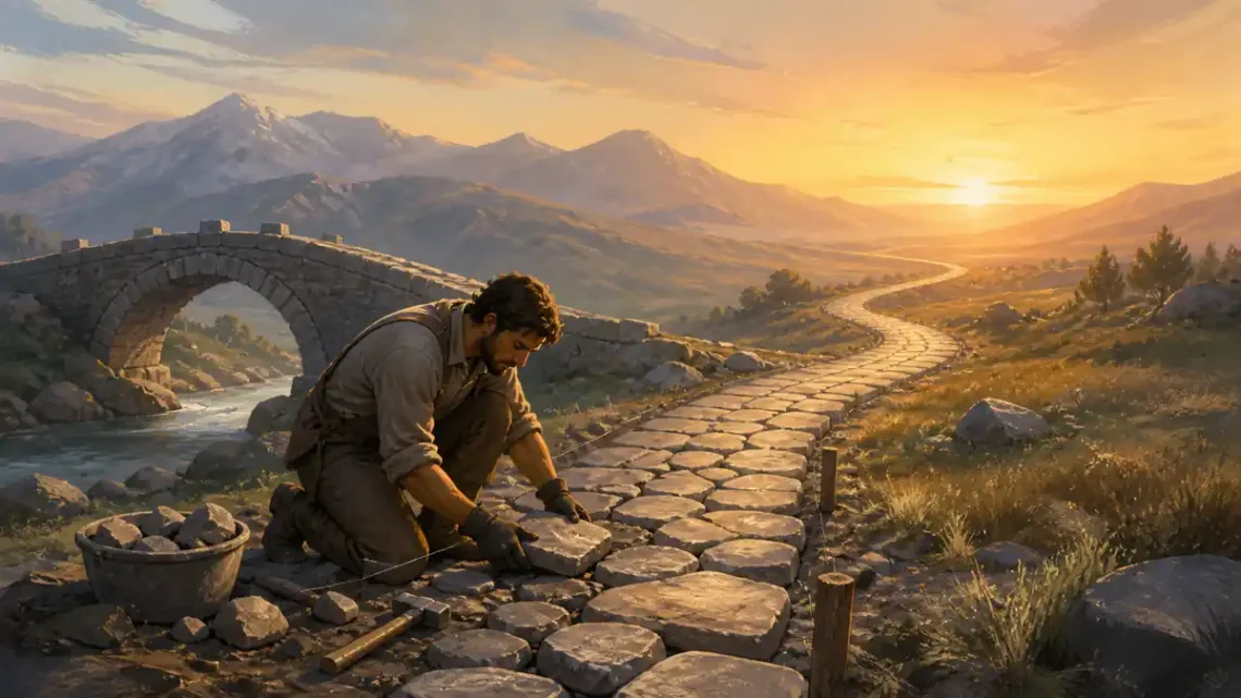 Editorial illustration of steady work ethic building a durable path at dawn