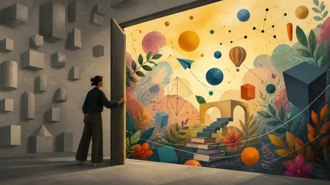 Editorial illustration of creative thinking opening a vivid landscape of new connections