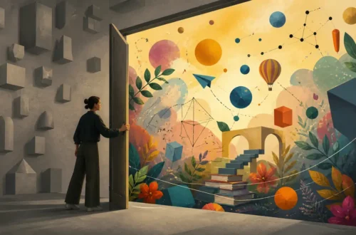 Editorial illustration of creative thinking opening a vivid landscape of new connections