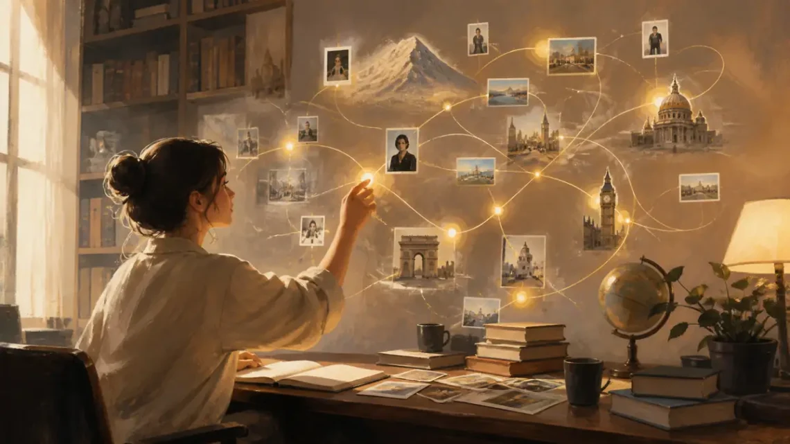 Editorial illustration of a person organizing memory threads into a clear mental map