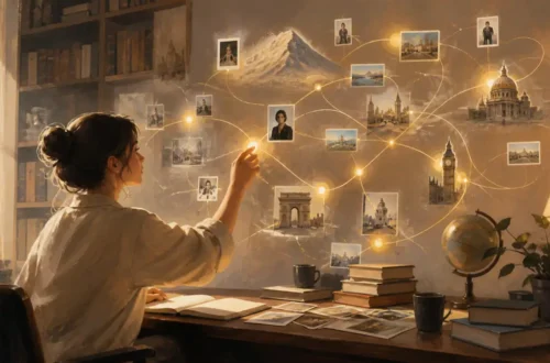 Editorial illustration of a person organizing memory threads into a clear mental map