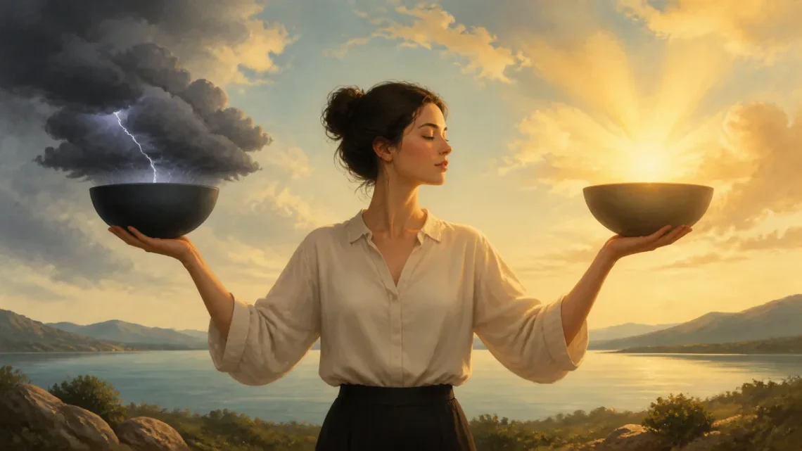 Editorial illustration of a person balancing storm clouds and sunlight for emotional balance