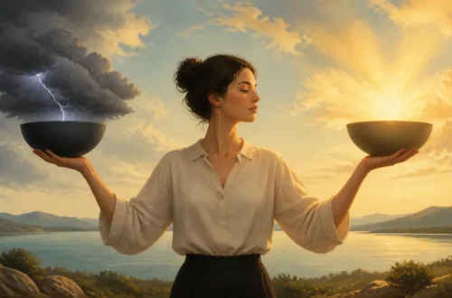 Editorial illustration of a person balancing storm clouds and sunlight for emotional balance