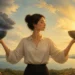 Editorial illustration of a person balancing storm clouds and sunlight for emotional balance
