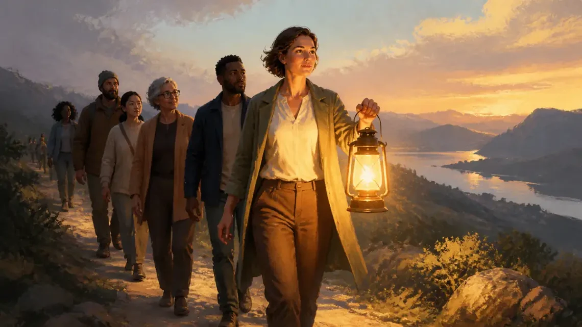 Editorial illustration of an authentic leader walking openly with a diverse team