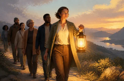 Editorial illustration of an authentic leader walking openly with a diverse team