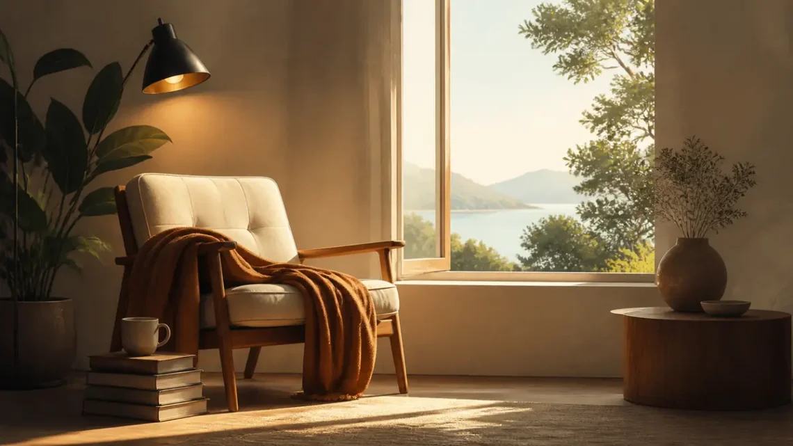 Minimalist editorial illustration of a calm room with only a few purposeful objects