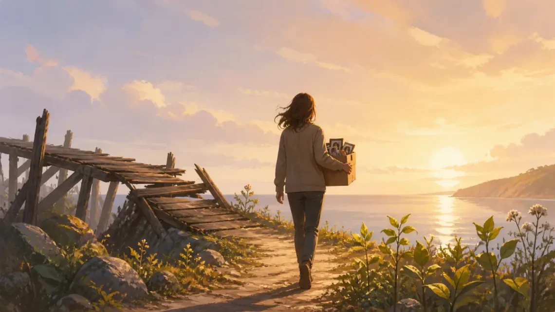 Editorial illustration of a person healing after a breakup and walking toward a new sunrise
