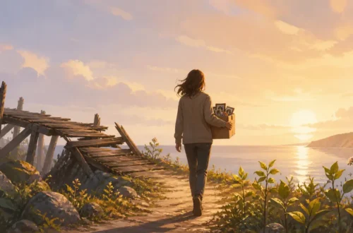 Editorial illustration of a person healing after a breakup and walking toward a new sunrise