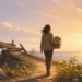 Editorial illustration of a person healing after a breakup and walking toward a new sunrise