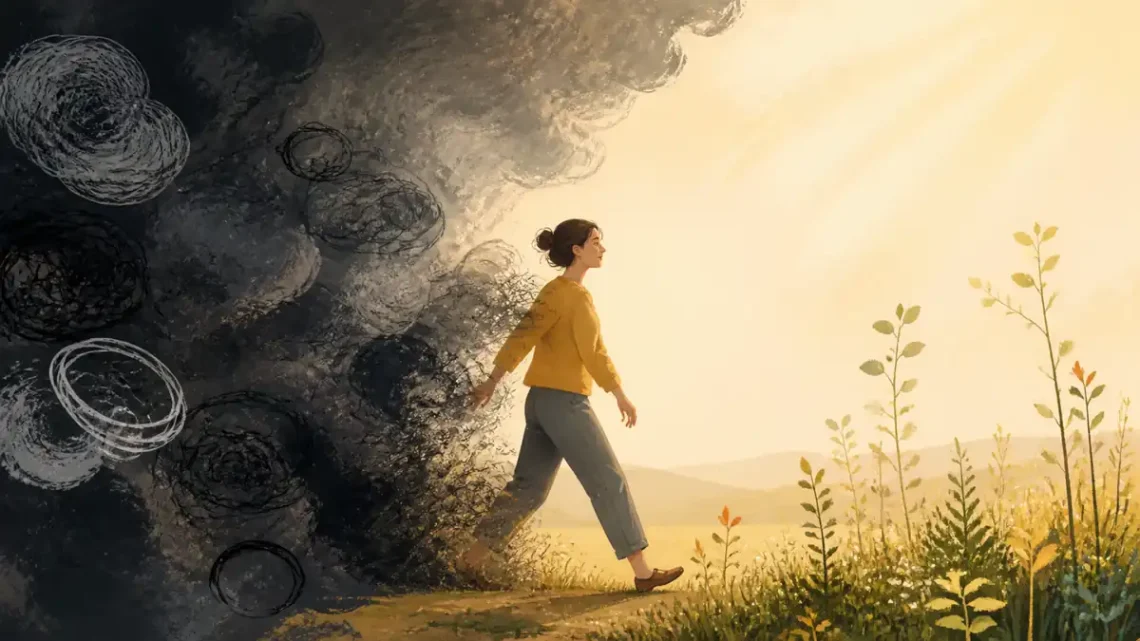 Editorial illustration of a person moving from negative thought clouds into a clear hopeful landscape
