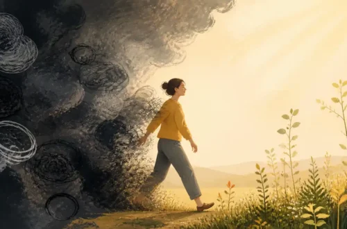 Editorial illustration of a person moving from negative thought clouds into a clear hopeful landscape
