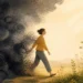 Editorial illustration of a person moving from negative thought clouds into a clear hopeful landscape