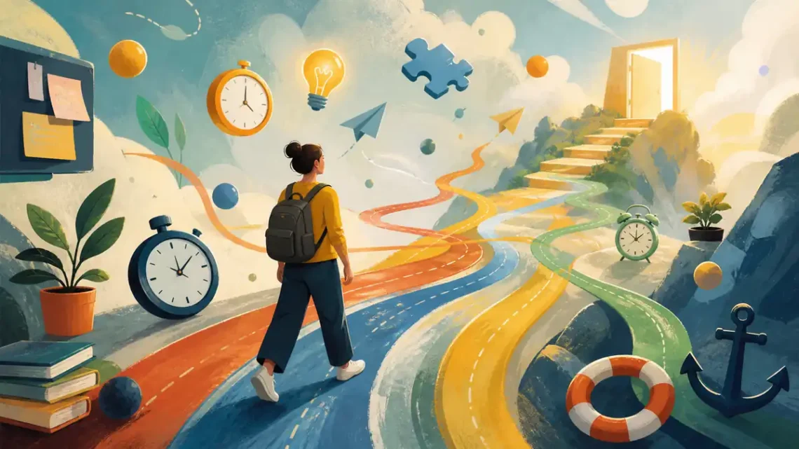 Editorial illustration of a person navigating many ideas toward focus and ADHD support
