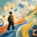 Editorial illustration of a person navigating many ideas toward focus and ADHD support