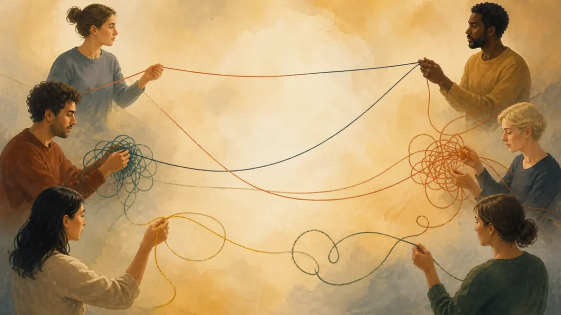 Editorial illustration of varied relationship threads representing attachment patterns